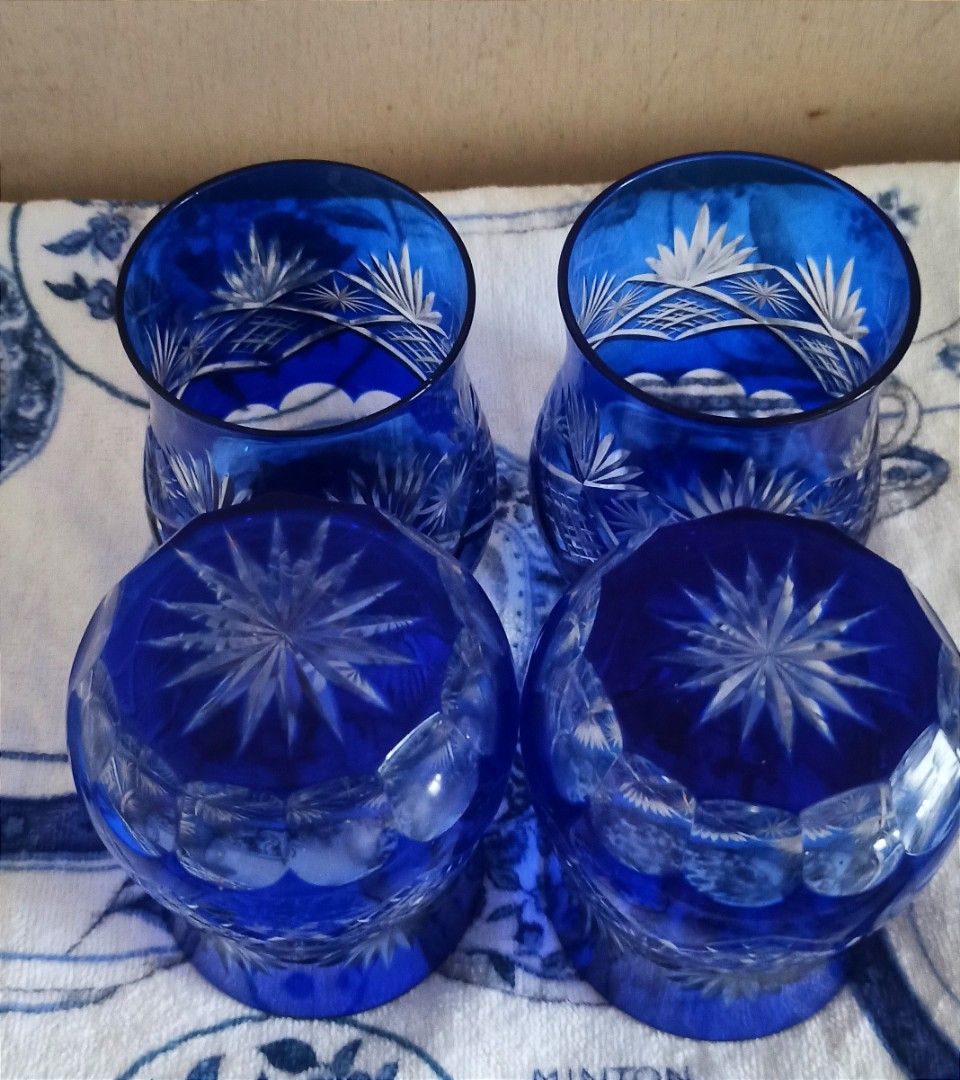 Set kiriko glass 4pcs blue (Category: Water Bottles & Tumblers) located in Iligan City. Submitted by mei.oredalas (Listing ID 1448337678, Image 3). Description: sold as set 4 pieces 9cm h x 6.7cm d #japansurplus.
