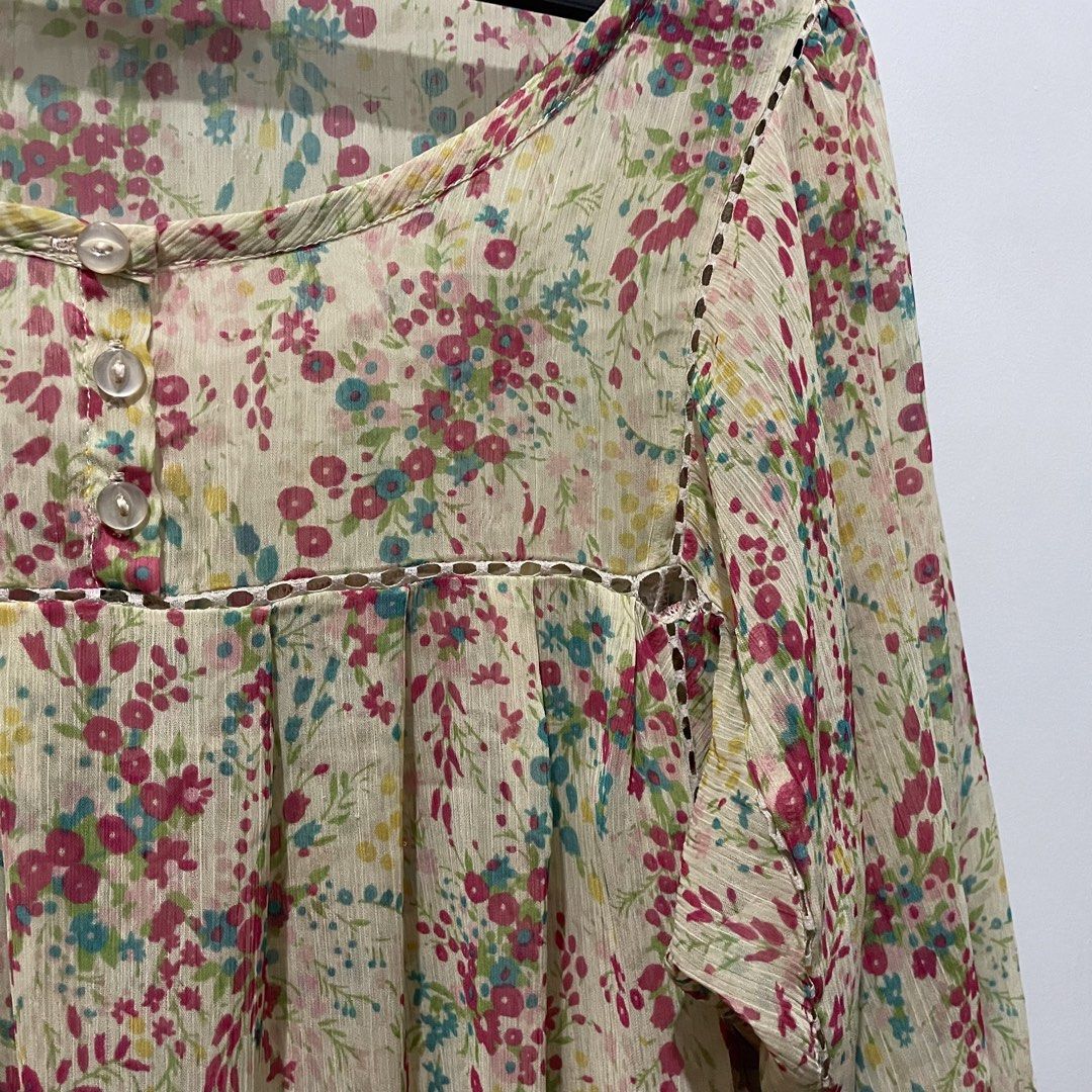 Sheer Floral Print Blouse with Button Detail (Category: Blouses) located in Quezon City. Submitted by declutteriea (Listing ID 1448437085, Image 2). Description: notes: - flowy, lightweight - fairycore cottagecore vibes - no when worn pics :) mop: gcash mod: j&t, flash, ggx.