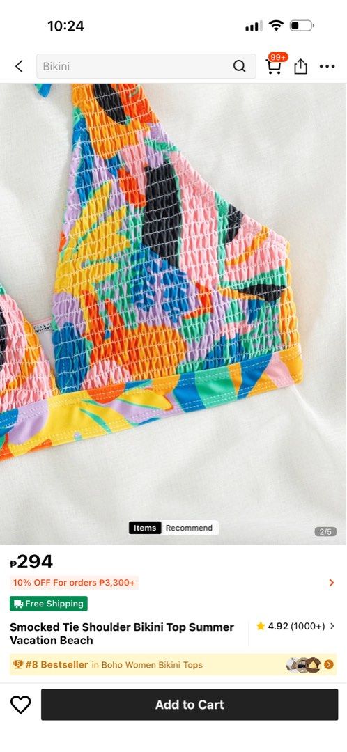 SHEIN Smocked Tie Shoulder Bikini Top (Category: Bikinis & Swimsuits) located in Manila. Submitted by myrwntnmpy (Listing ID 1448431437, Image 2). Description: .