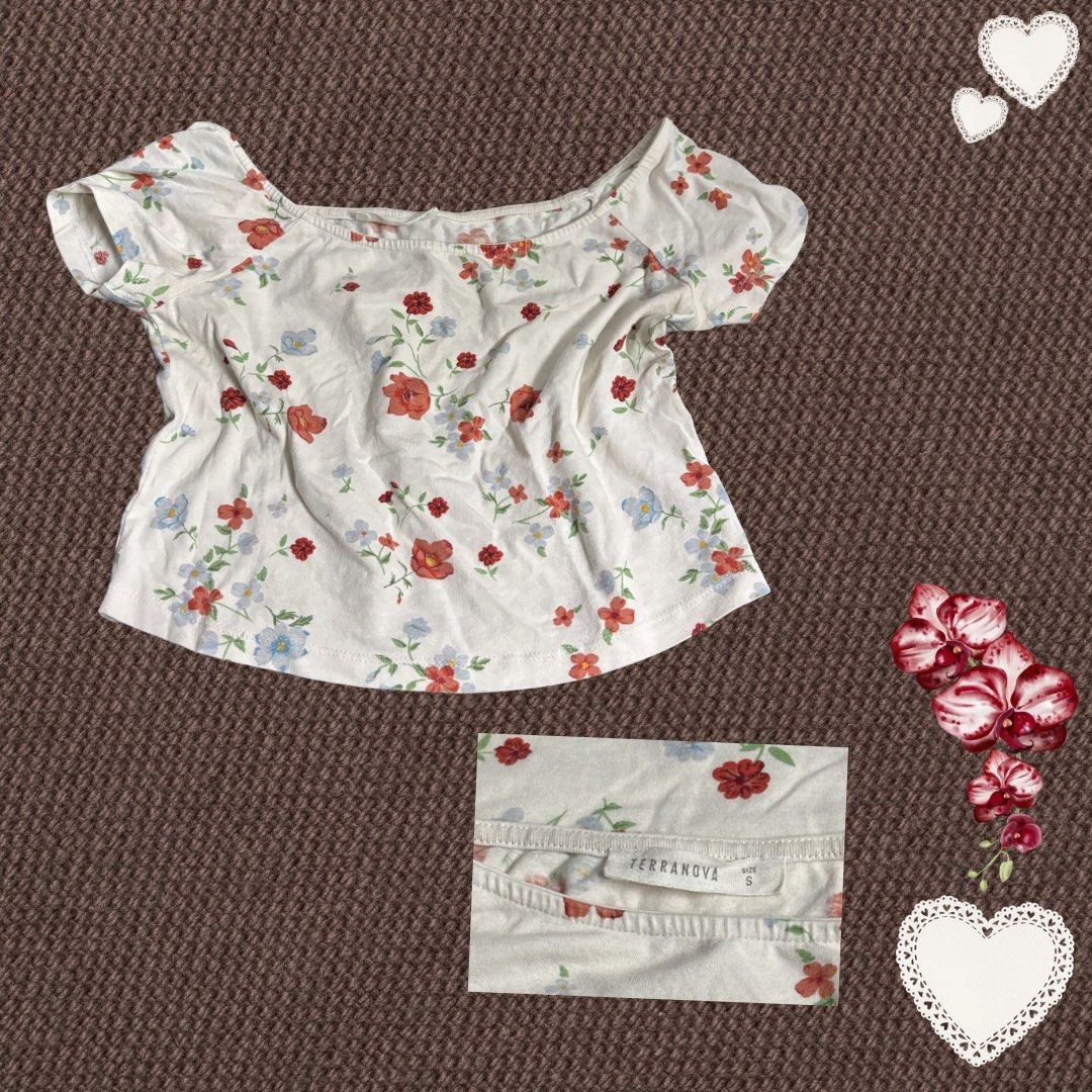 Terranova White Floral Off-Shoulder Top (Category: Blouses) located in Manila. Submitted by menthilda (Listing ID 1448340149, Image 1). Description: - Cute white top - All-over floral print (red & blue flowers) - Off-shoulder style - Short sleeves - Estimated size: S - Ideal for casual outings.