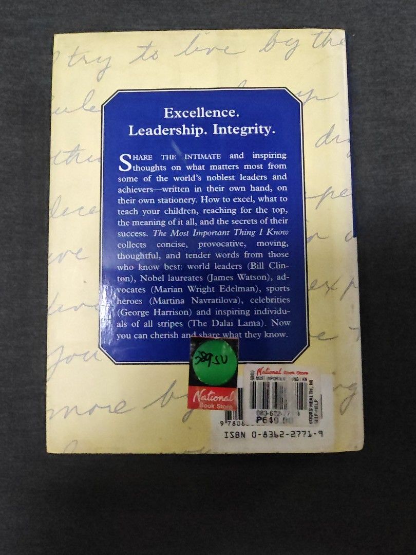 The Most Important Thing I Know Life Lessons Book (Category: Storybooks) located in Makati City. Submitted by brooklyn87370 (Listing ID 1448289390, Image 2). Description: - Compiled by Lorne A. Adrain, featuring insights from over 75 eminent individuals. - Includes life lessons from world leaders and achievers like Colin Powell and Maya Angelou. - Offers guidance on how to excel, teach your children, reach the top, and understand success. - Featu
