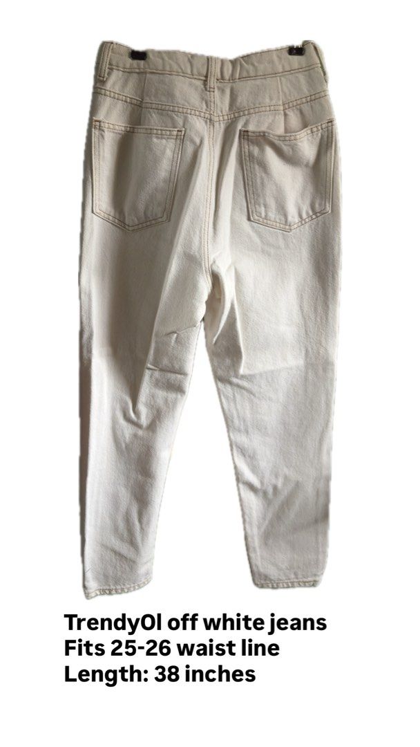 Trendyol Off White High Waisted Mom Jeans (Category: Jeans) located in Manila. Submitted by localdepop (Listing ID 1448314458, Image 2). Description: - Trendyol off-white mom jeans - High-waisted fit - Fits 25-26 inch waistline - 38 inch length - Classic five-pocket design - Zip fly with button closure - Contrasting brown stitching - Small dark mark on front of right leg (see last photo) 📍Cainta, Rizal Rfs: gained weight 🚛: Lalamove.