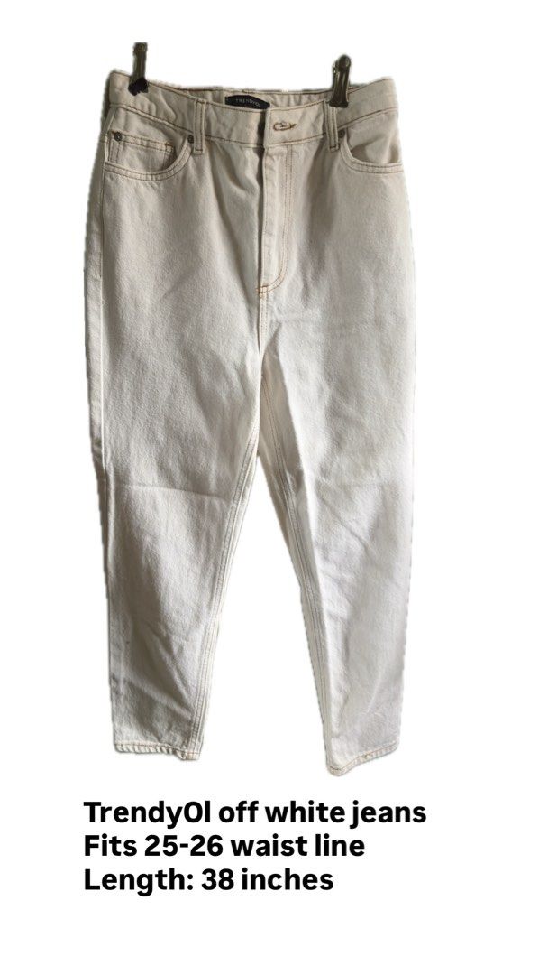Trendyol Off White High Waisted Mom Jeans (Category: Jeans) located in Manila. Submitted by localdepop (Listing ID 1448314458, Image 1). Description: - Trendyol off-white mom jeans - High-waisted fit - Fits 25-26 inch waistline - 38 inch length - Classic five-pocket design - Zip fly with button closure - Contrasting brown stitching - Small dark mark on front of right leg (see last photo) 📍Cainta, Rizal Rfs: gained weight 🚛: Lalamove.