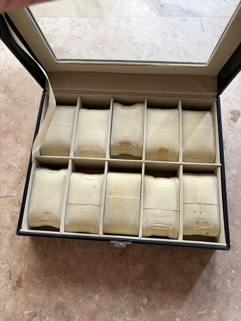 Watch Box, Black (Category: Storage Boxes & Baskets) located in Quezon City. Submitted by tidyup.lara (Listing ID 1448429195, Image 2). Description: Sold as is, as seen in photos Condition 8/10: used but in good condition, with staining.