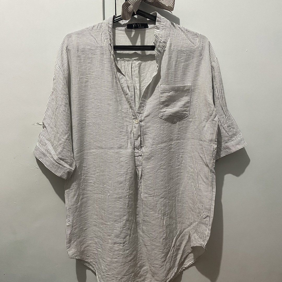 White and Black Striped Mandarin Collar Shirt (Category: Longsleeves) located in Quezon City. Submitted by declutteriea (Listing ID 1448436749, Image 1). Description: notes: - veeery oversized on me (medium ako) - comfy material - no when worn pics :) mop: gcash mod: j&t, flash, ggx.