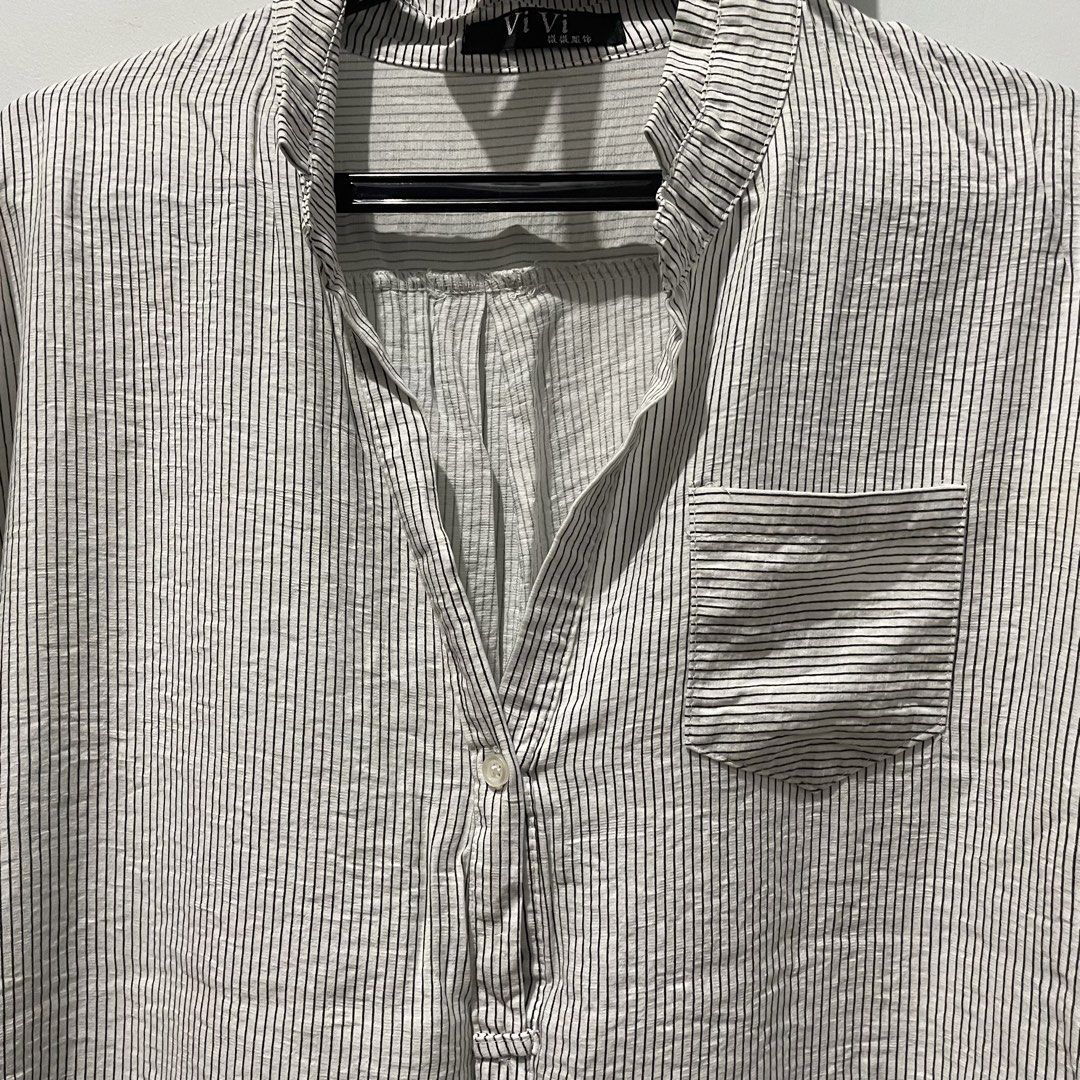 White and Black Striped Mandarin Collar Shirt (Category: Longsleeves) located in Quezon City. Submitted by declutteriea (Listing ID 1448436749, Image 2). Description: notes: - veeery oversized on me (medium ako) - comfy material - no when worn pics :) mop: gcash mod: j&t, flash, ggx.