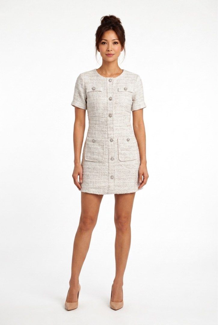 White Tweed Button Front Short Sleeve Mini Dress (Category: Dresses) located in Cebu City. Submitted by hazelcris (Listing ID 1448384432, Image 1). Description: - White tweed mini dress - Short sleeves - Button details down the front - Two pocket details - Zipper closure at the back - Versatile for dressing up or down.