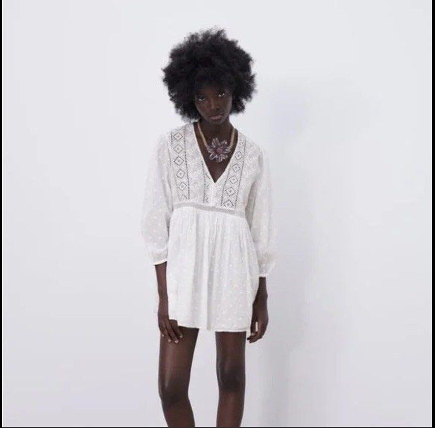 Zara White Embroidered Mini Dress (Category: Dresses) located in Quezon City. Submitted by onyx72 (Listing ID 1448327950, Image 1). Description: Zara White Embroidered Mini Dress V-neckline with embroidery along the border Smock or empire waist with relaxed, flowy skirt 3/4 Garterized sleeves With inner lining Cotton fabric with Swiss Dot embroidery details Used ONCE.