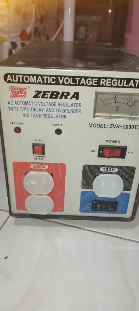 Zebra ZVR-2000TD Automatic Voltage Regulator (READ DESCRIPTION) (Category: Electrical, Adaptors & Sockets) located in Cavite. Submitted by ashtonmon40367 (Listing ID 1448467836, Image 1). Description: - Zebra Automatic Voltage Regulator, Model ZVR-2000TD - Input voltage selector: 220V or 110V - Rated capacity: 2300 Watts - Please note: Power cord has minor damage near the plug - Unknown if gumagana - Have not tested BUY AT YOUR OWN RISK Ayusin ni