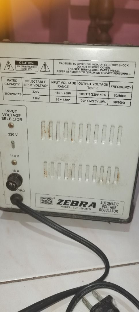 Zebra ZVR-2000TD Automatic Voltage Regulator (READ DESCRIPTION) (Category: Electrical, Adaptors & Sockets) located in Cavite. Submitted by ashtonmon40367 (Listing ID 1448467836, Image 2). Description: - Zebra Automatic Voltage Regulator, Model ZVR-2000TD - Input voltage selector: 220V or 110V - Rated capacity: 2300 Watts - Please note: Power cord has minor damage near the plug - Unknown if gumagana - Have not tested BUY AT YOUR OWN RISK Ayusin ni
