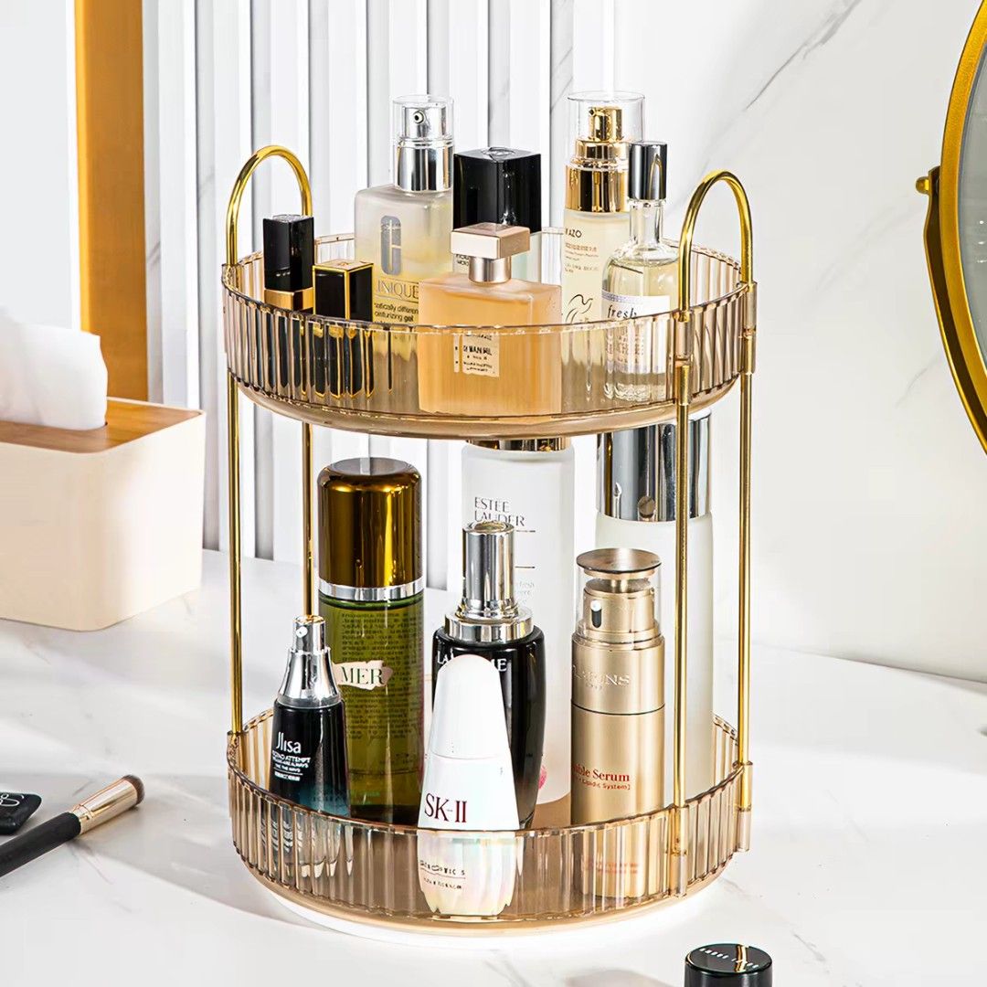 2-Tier Rotating Makeup Organizer Shelf Storage Tray