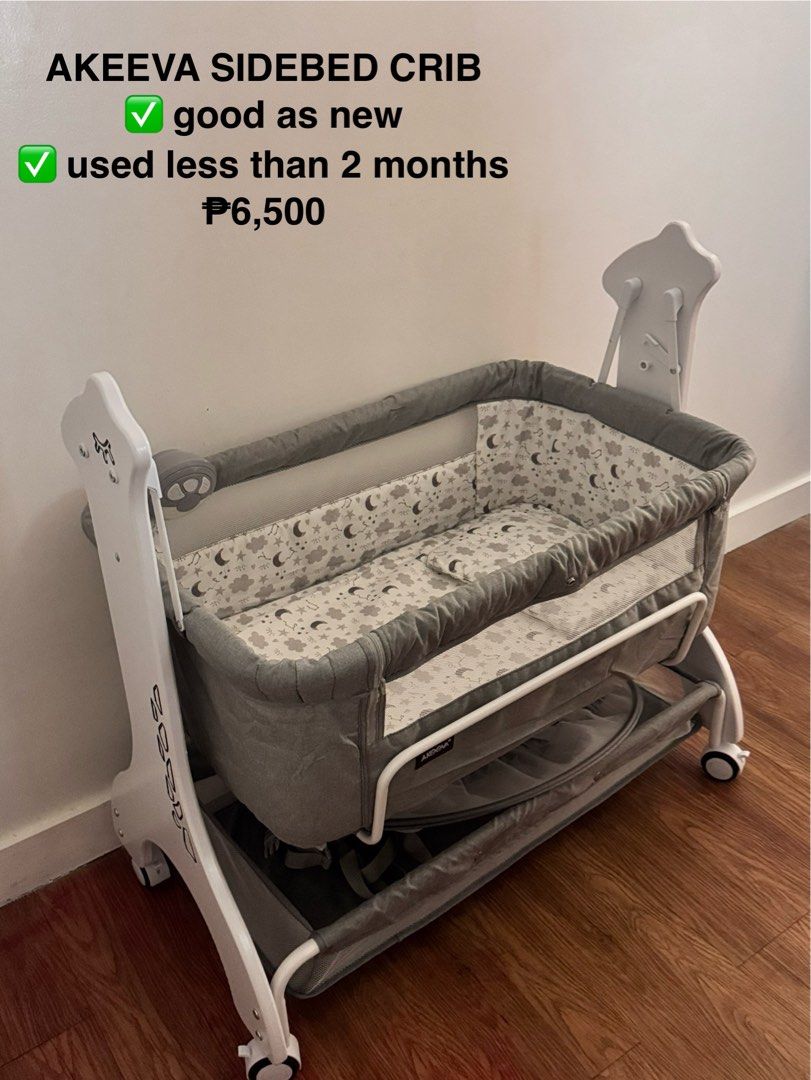 AKEeva Sidebed Crib - Good as New (Category: Cots & Cribs) located in Las Pinas. Submitted by sunnyandpeaches (Listing ID 1448550908, Image 1). Description: - AKEeva sidebed crib - Used for less than 2 months - Comes with a mosquito net - Ideal for keeping baby close at night - Features wheels for easy mobility - With light, sound, vibrate toy - Rocking swing - Selling for P6,500.