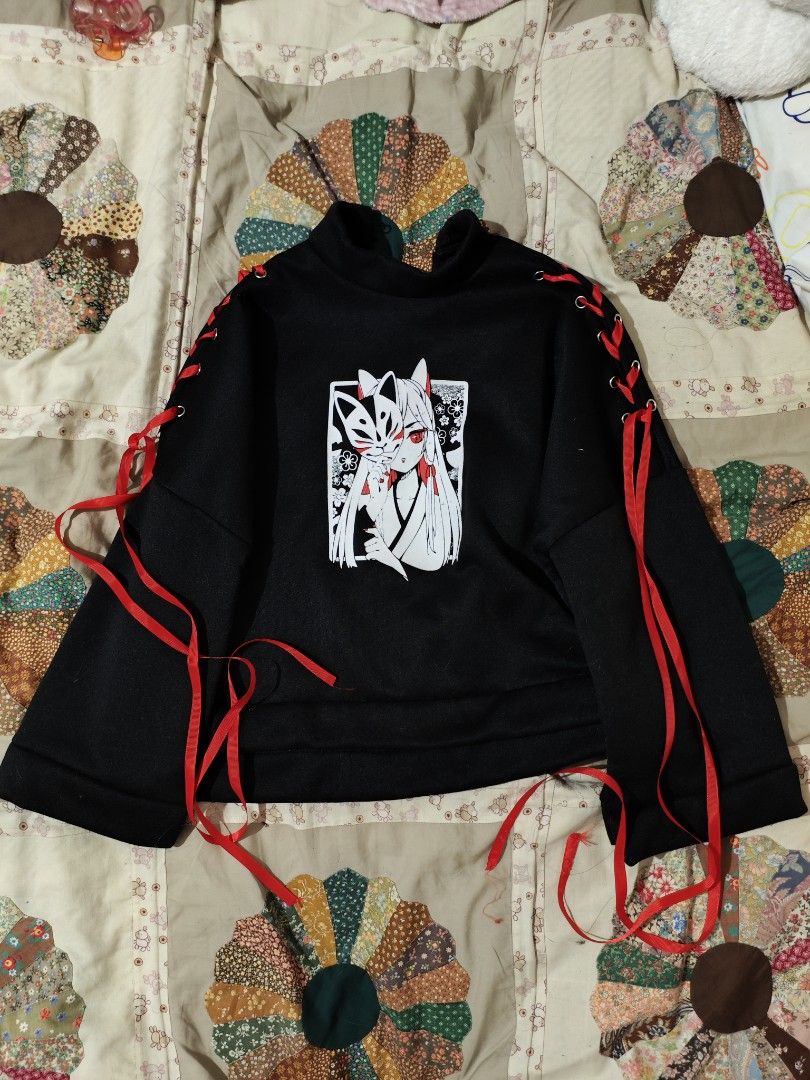 Anime Kitsune Fox Harajuku Oversized Sweatshirt, Jacket, Top (Category: Longsleeves) located in Lapu Lapu. Submitted by plurffle (Listing ID 1448497333, Image 2). Description: Been used once lang, and then stored in a closet for years. Good as new. Size XXL according to original listing para oversized, thick material, loose fitting, wide sleeves, small turtleneck, and adjustable ties on the sleeves. RFS: Left in storage 🥲.