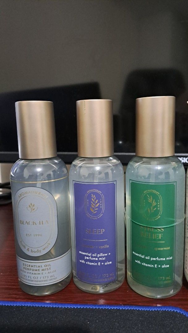 Bath & Body Works Essential Oil Perfume Mist (Category: Fragrance & Deodorants) located in Bulacan. Submitted by liketoshop2019 (Listing ID 1448694089, Image 1). Description: Bath and Body Works Essential Oil perfume mist 173 ml Scents: Black tea, Sleep, Stress Relief Set - 700 Each - 250.