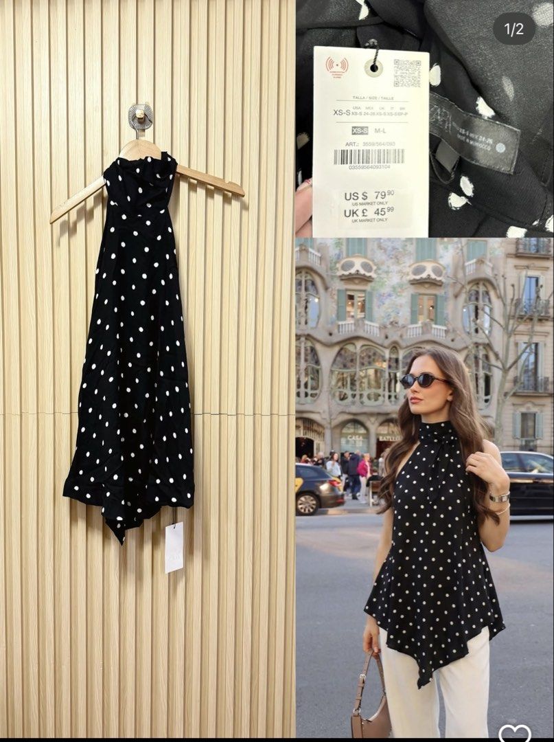 Bnwt Zara Black Polka Dot Halter Neck Top (Category: Sleeveless) located in Bago City. Submitted by birkens_bcd (Listing ID 1448636952, Image 1). Description: - Cute black halter neck top - Features white polka dots - Asymmetrical hemline for a stylish look - Versatile for night outs or daytime wear - Pairs well with white pants or jeans - Original tags still attached.
