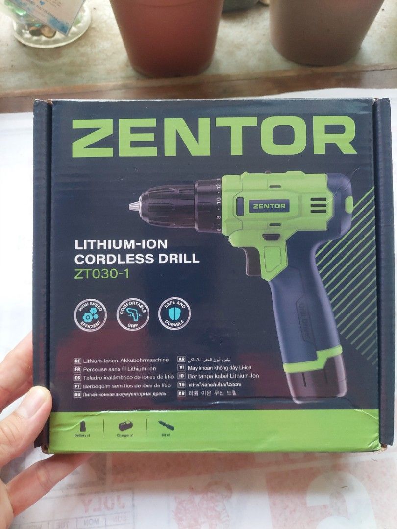 Brand New Zentor Cordless Drill Driver (Category: Construction Tools & Equipment) located in Rizal. Submitted by laniscollection (Listing ID 1448544269, Image 3). Description: Brand New Cordless Drill 1pc. Battery 1pc. Charger 1pc. attachment (Flat and Philips) Loc: San Mateo, Rizal Ship via jnt, lalamove.