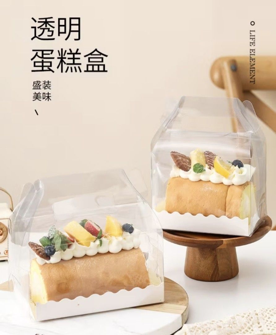 Cake roll rectangular transparent decor box (Category: Bakeware) located in Singapore. Submitted by tian.stickers (Listing ID 1448589721, Image 2). Description: 10 pcs.