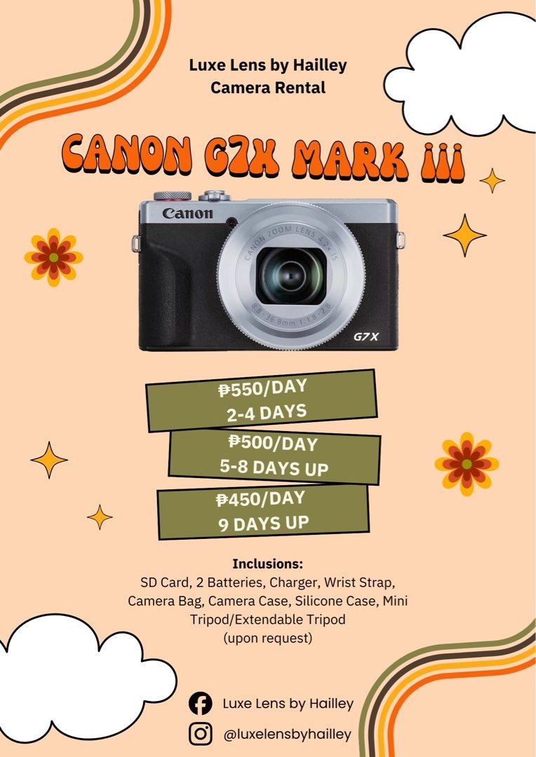 Canon G7X Mark III RENT (Category: Cameras) located in Manila. Submitted by waldorfsupremacy (Listing ID 1448521282, Image 1). Description: ♡ CAMERA FOR RENT ♡ ✅DTI & BIR Registered✅ 📍TONDO MANILA available units: 📸 canon g7x mark ii & iii 📸 ricoh gr iii x & gr iv 📸 canon eos r50 📸 canon eos 3000d 🎥 dji osmo pocket 3 🎥 dji osmo nano 🎥 dji flip drone & rc2 🎥 insta360 x3 🧳 airwheel se3s & mini 📍 Tondo, Manila dm to rent! first come first