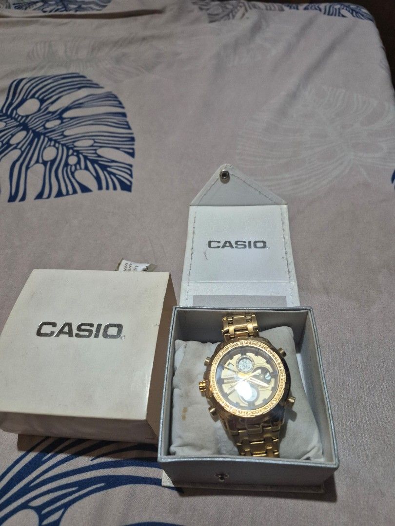 Casio Gold Chronograph Watch with Box (Category: Luxury Watches) located in Manila. Submitted by bravecloud-dcbf6c (Listing ID 1448688888, Image 2). Description: - Authentic Gold Casio Watch - Stylish Chronograph design with multiple dials - Includes original box and tags - Versatile for everyday wear or special events - Sold as is.