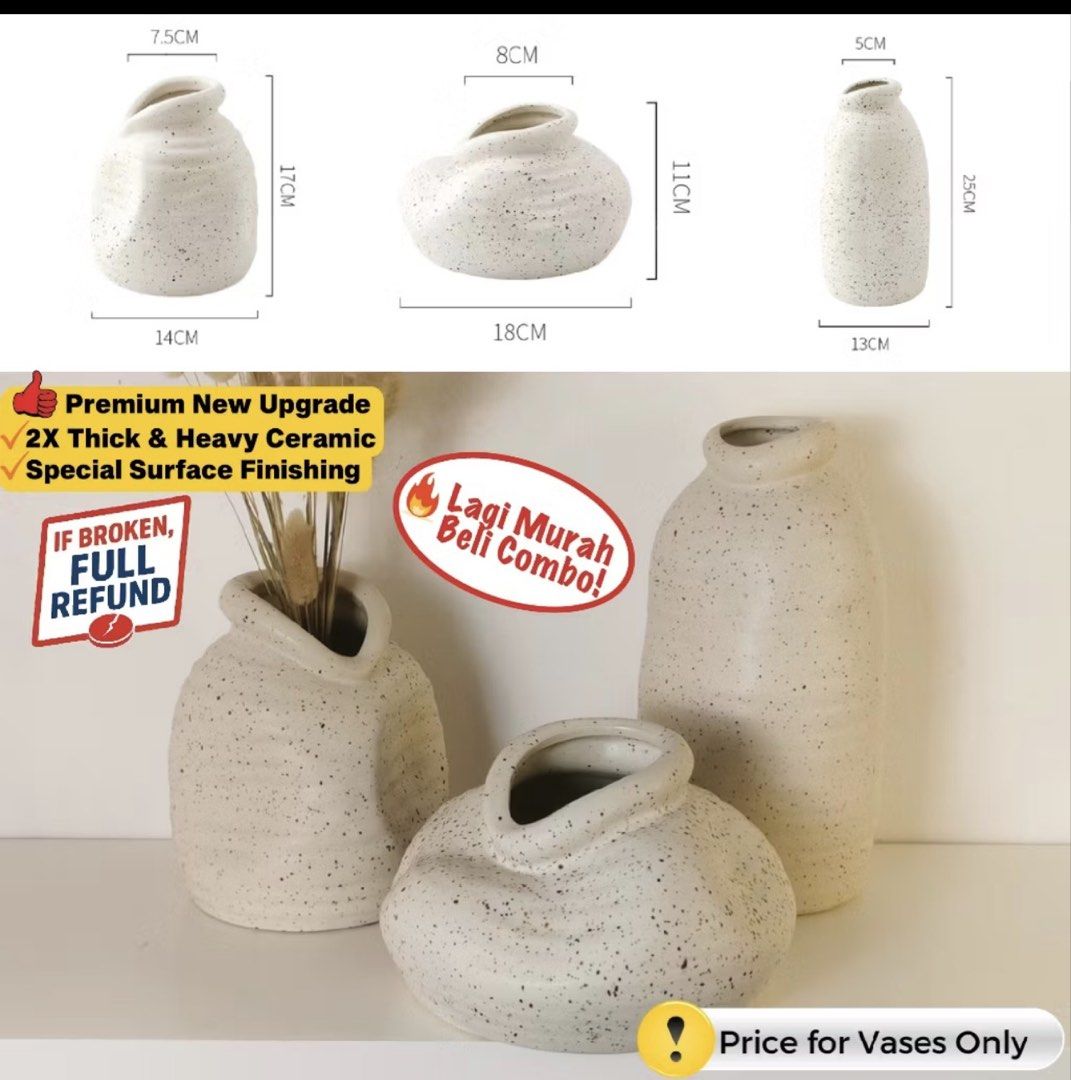 Ceramic vases (Category: Vases & Decorative Bowls) located in Johor Bahru. Submitted by zetcc (Listing ID 1448550573, Image 1). Description: Accidentally bought two sets. Selling one set—brand new and unused. 😊 one set has 3 vases. Size as picture .