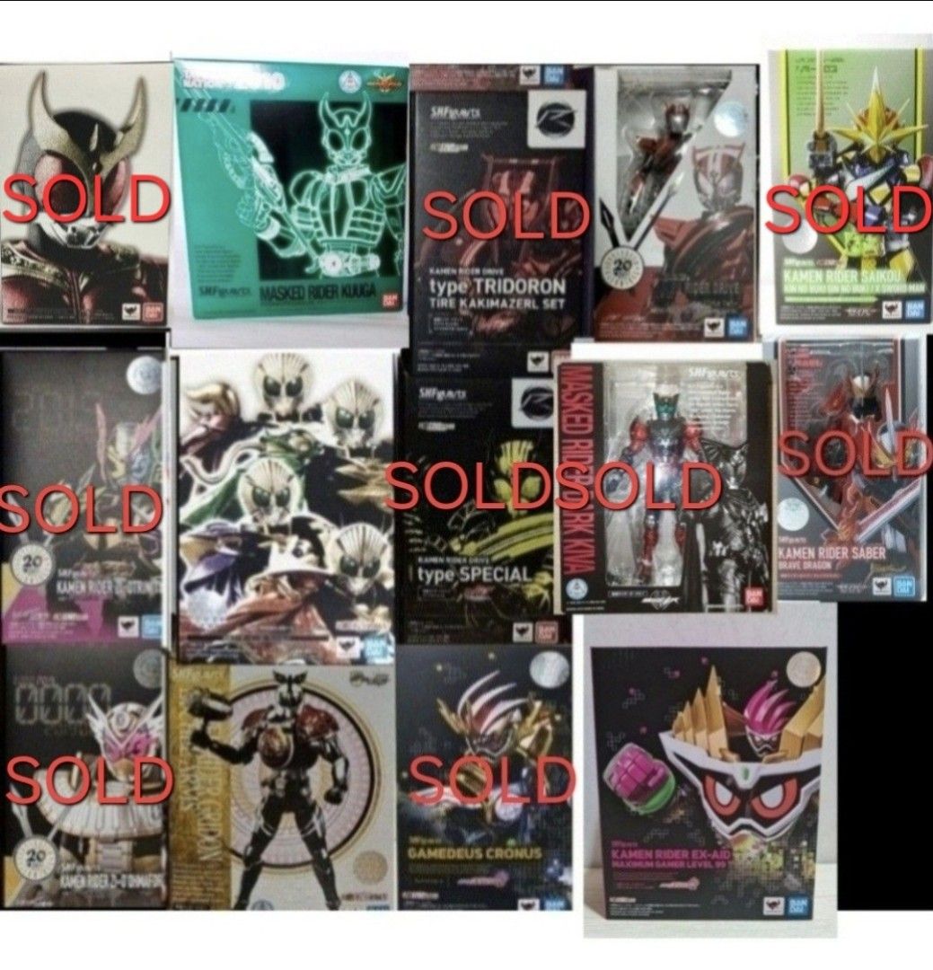 [Space Clearance Sale] SHF S.H.F s.h.figuarts SKC (Shinkocchou Seihou) Masked Kamen Rider Kuuga Mighty Rising Pegasus Dark Kiva Beast Mantle Set Gridon Lychee Arms Drive Ex-Aid Gamedeus Cronus Zi-O Saber Brave Dragon Saikou (Category: Toy Figures) located in Singapore. Submitted by ultra_kamen_sentai_seller (Listing ID 1410752333, Image 1). Description: Space Clearance All are brand new. 1st come 1st served. Extra discount is buy 2 same deal S$5 