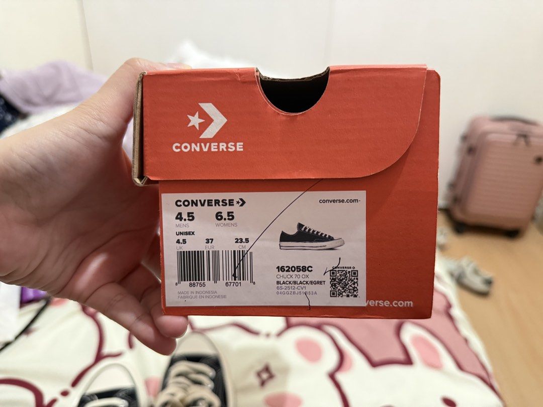 Converse Chuck 70 Ox Black/Black/Egret (Category: Sneakers) located in General Santos City (Dadiangas). Submitted by chickenjoycee (Listing ID 1448528783, Image 2). Description: - Classic black Converse Chuck 70 Ox - Low-top style - Size: 6.5 Women's / 4.5 Men's - Comes with original box - Ideal for everyday wear.
