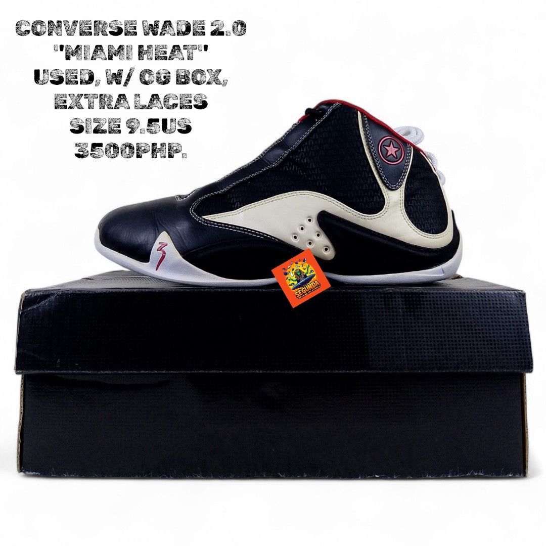 Converse Wade 2.0 "Miami Heat" Size 9.5 US (Category: Sneakers) located in Manila. Submitted by nxone (Listing ID 1448630830, Image 1). Description: Converse Wade 2.0 "Miami Heat" edition. These are used but come with the original box and extra laces. Size 9.5 US. Great for collectors or players..