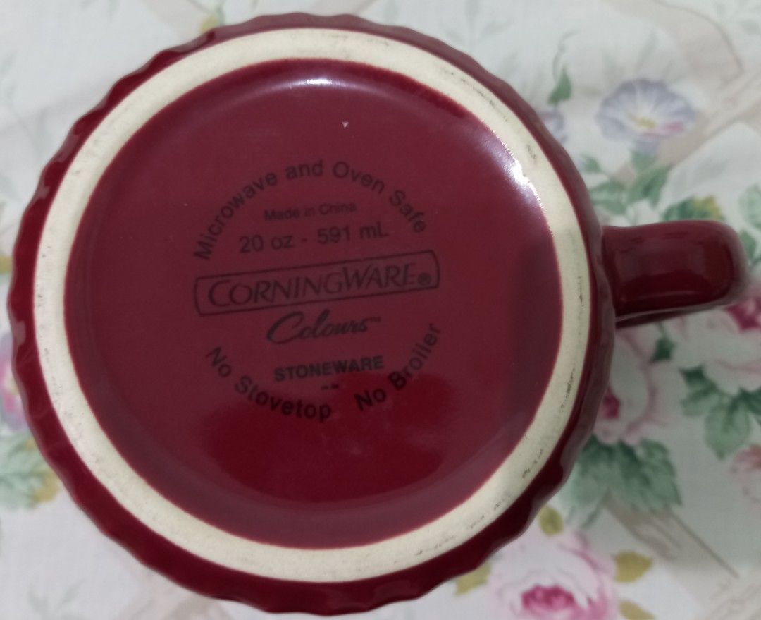 Corning Ware Stoneware Mug with Lid 20oz (Category: Coffee & Tea Tableware) located in Mandaluyong City. Submitted by gantan.tree (Listing ID 1448659609, Image 2). Description: CorningWare meal mug - 20 oz (591 ml) capacity size: height - 4.5" circumference: 14" (below) - 15" (above) - vented white lid - durable stoneware material - microwave & oven safe - ideal for soup, coffee, tea & other beverages - not suitable for stovetop or broiler use **