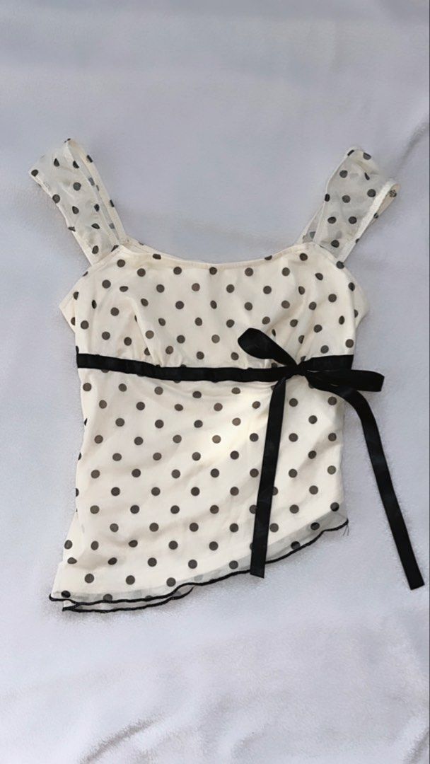 Cream Polka Dot Mesh Top with Black Ribbon Bow (Category: Sleeveless) located in Agdangan. Submitted by angelsdiary_ (Listing ID 1448561973, Image 1). Description: xxs-s.
