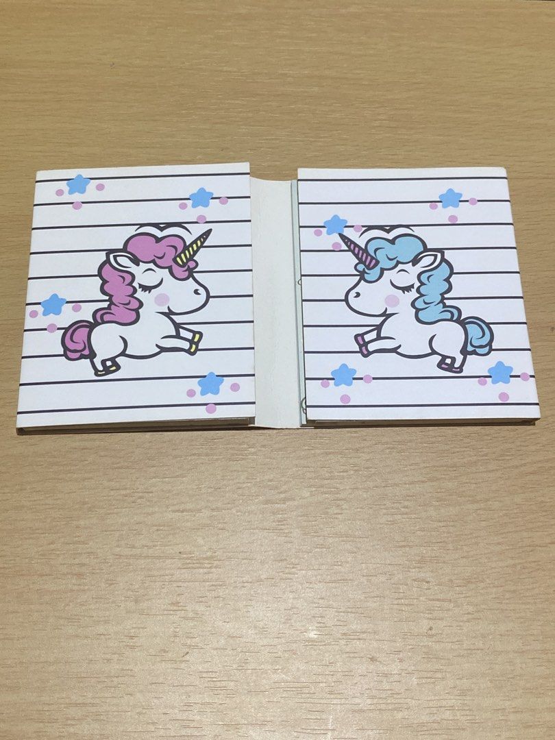 Cute Unicorn Sticky Notes Set (Category: Stationery & School Supplies) located in Dasmarinas. Submitted by ae.decluttering (Listing ID 1448597930, Image 2). Description: - Adorable unicorn sticky notes - Comes in a set of 4 unique designs - Perfect for quick notes and reminders - Great for students and cute stationery enthusiasts - Compact and easy to carry.