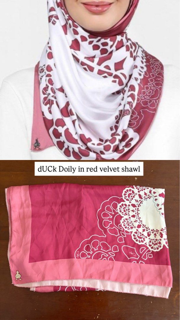 dUCk Doily in red velvet shawl (Category: Hijabs) located in Kuala Lumpur. Submitted by prelovedbyme_kl (Listing ID 1448694383, Image 1). Description: dUCk Doily in red velvet shawl -brqnd new -no box.