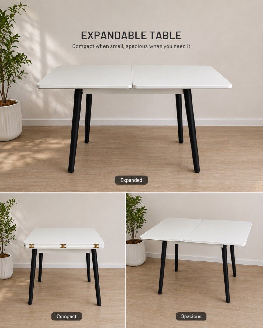 Extendable Dining Table (Category: Tables & Sets) located in Singapore. Submitted by seller24 (Listing ID 1448583753, Image 1). Description: - Extendable dining table - White laminate top Dimensions refer to the last pic - Sturdy black legs - Dimensions: 70cm (width) x 75cm (height) - Extends to 110cm (length) - Ideal for small spaces needing occasional extra seating - Easy to clean surface - bought online but didn’t fit into my renovation theme 