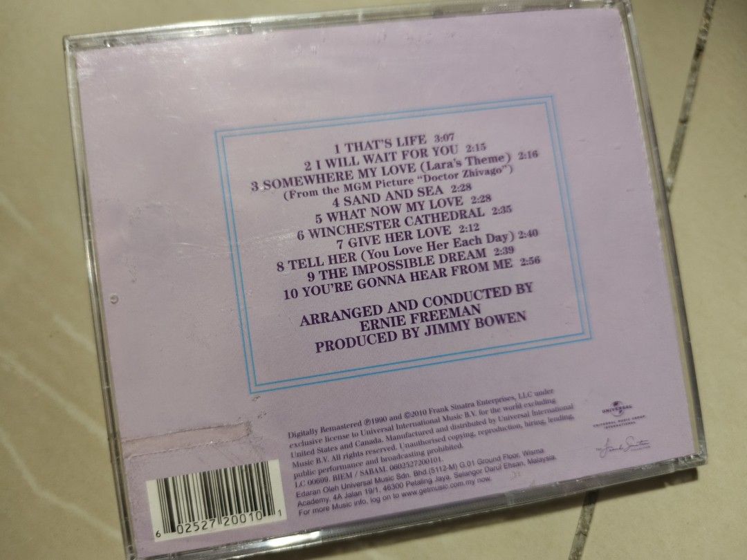 Frank Sinatra That's Life CD (Category: CDs & DVDs) located in Kuala Lumpur. Submitted by kuchinghitam (Listing ID 1448635713, Image 2). Description: - Classic Frank Sinatra album: 'That's Life' - Features popular tracks: 'I Will Wait For You', 'Somewhere My Love', 'Winchester Cathedral' - Arranged and conducted by the renowned Ernie Freeman - Perfect addition to any music lover's collection - Own a piece of musical history! Price RM25.