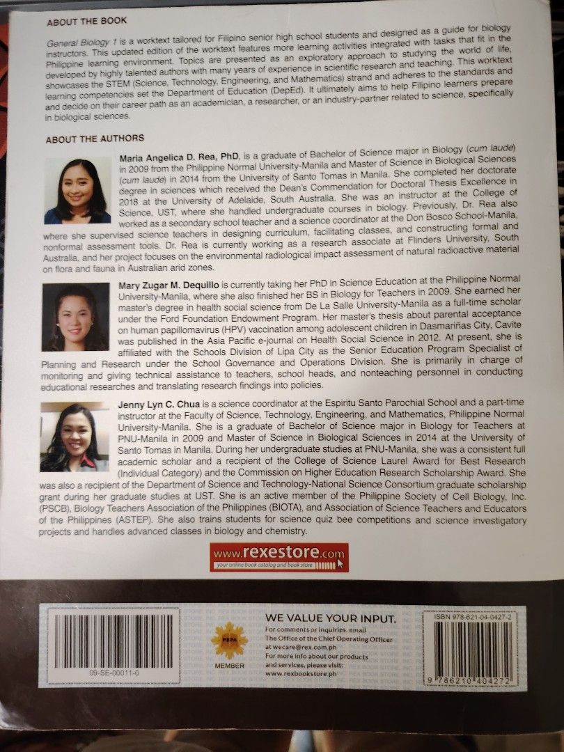General Biology 1 - Revised Ed Preloved (REX) (Category: Textbooks) located in Tacloban City. Submitted by dotsiboi000 (Listing ID 1448548703, Image 2). Description: Copyright Yr 2020; Reprinted Yr 2025 No acetate/book cover Issue: 1. Has minimal folds (cover & pages) 2. Has minimal writing (1st page) 3. Has owner's name (base of the book).