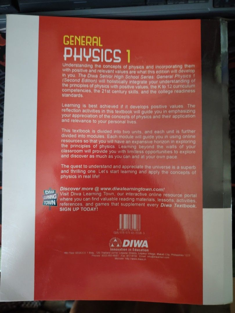 General Physics 1 - 2nd Ed Preloved (DIWA) (Category: Textbooks) located in Tacloban City. Submitted by dotsiboi000 (Listing ID 1448544869, Image 2). Description: Copyright Yr 2020 Likenew cond Has acetate/book cover Issue: 1. Minimal fold & dirt (inside cover) 2. Has minimal writing on page 12 3. Has owner's name (base of the book).