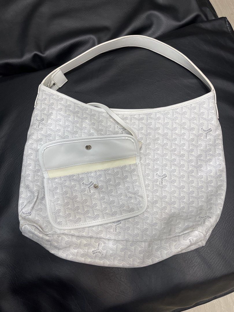 Goyard Paris White Monogram Hobo Bag with Pouch (Category: Luxury Bags & Wallets) located in San Jose. Submitted by pillowieone (Listing ID 1448653601, Image 3). Description: - Authentic white Goyard hobo bag - Classic Goyardine monogram print - Comes with a matching pouch - Interior is clean and well-maintained - Zipper operates smoothly - Made in France - Ideal everyday bag for style and practicality.