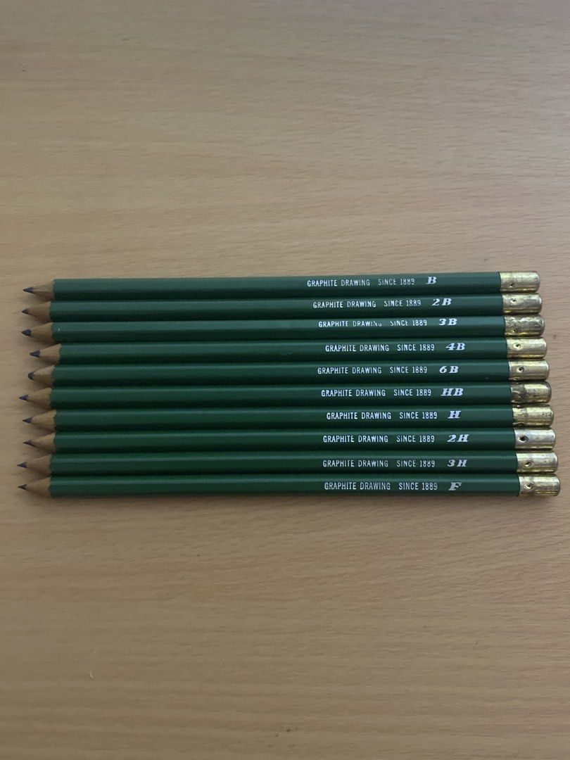 Graphite Drawing Pencils Set (Category: Stationery & School Supplies) located in Dasmarinas. Submitted by ae.decluttering (Listing ID 1448600316, Image 1). Description: - Set of graphite drawing pencils - Includes various grades: B, 2B, 3B, 4B, 6B, HB, H, 2H, 3H and F - Classic dark green color with elegant gold tips - Ideal for sketching, drawing, and all your art projects - No case included.
