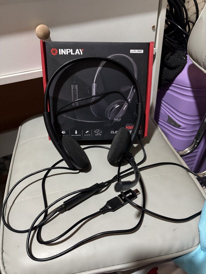 INPLAY HN-PC20R USB-C Headset with Microphone for PC/Mac (Category: Headphones & Headsets) located in Lingayen. Submitted by lotus.archives (Listing ID 1448691264, Image 1). Description: - INPLAY Headset with Microphone - Connects via USB-C - Compatible with PC and Mac - Crystal clear sound for calls and online meetings - Lightweight design for all-day comfort - Includes original box (only used for submitting requirements for VA, hindi na nagamit