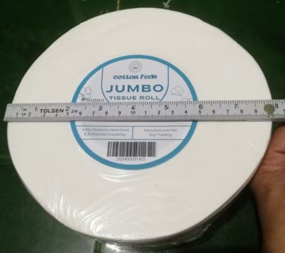 Jumbo Toilet Tissue Roll (Category: Sanitary Hygiene) located in Bulacan. Submitted by mskath21 (Listing ID 1448686180, Image 3). Description: 🌸 Made with unique formulation of 70% virgin pulp, 30% mix grade material making the tissue roll softer but sturdier. ✔️ 4 ply tissue = MAKAPAL 🤍 ✔️ Matipid gamitin kaya sulit na sulit 💯.