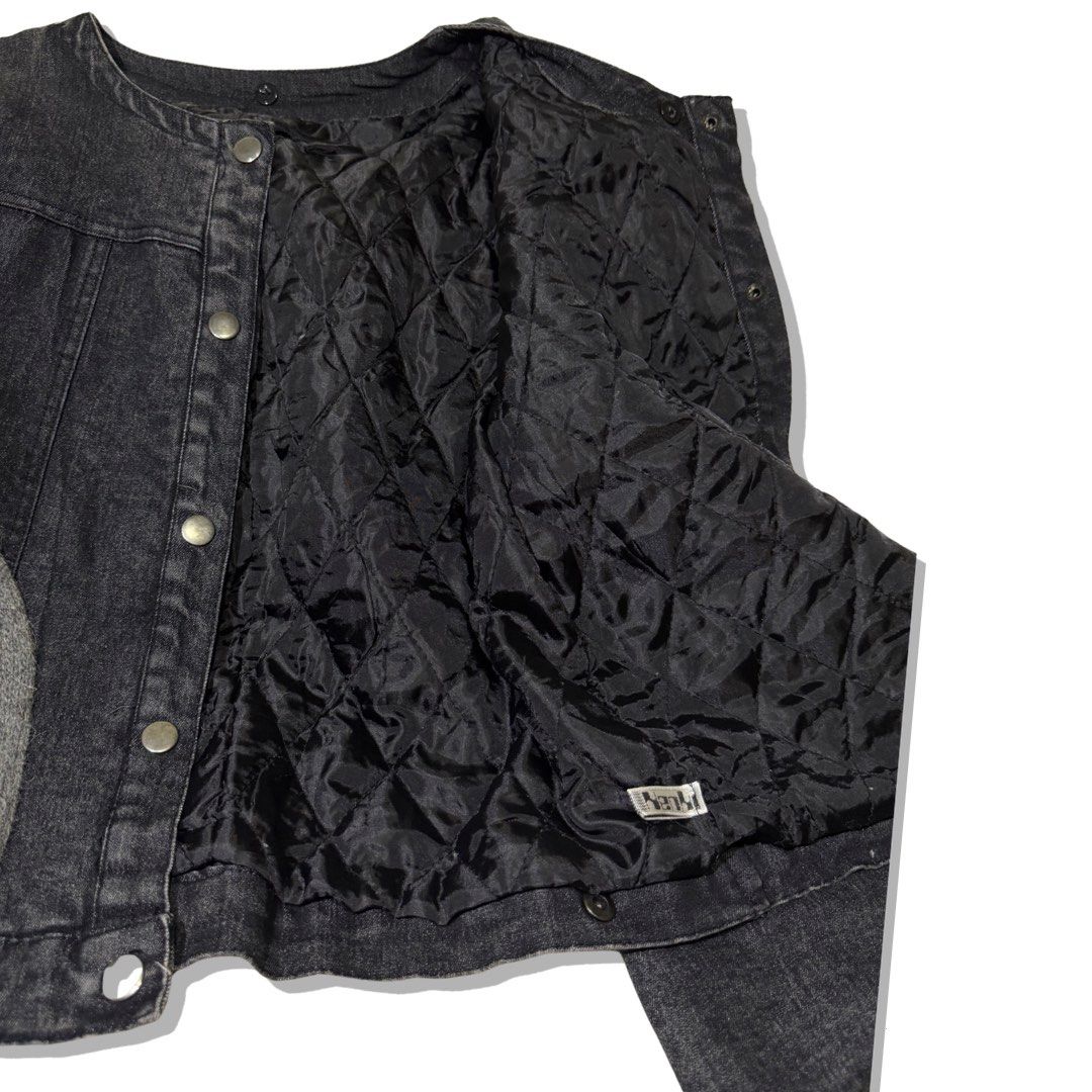 KENKI Washed Black Denim Jacket (Unisex) (Category: Coats, Jackets and Outerwear) located in Taguig. Submitted by _sg.uichk (Listing ID 1448570371, Image 3). Description: • No size on tag - Estimated fit: S–M (depending on your preferred fit) • Washed black denim • Round-neck (collarless) design • Snap button closure • Contrast gray trim detail on the pockets and sleeves • Functional front pockets • Lightweight and easy to style Condition: Gently