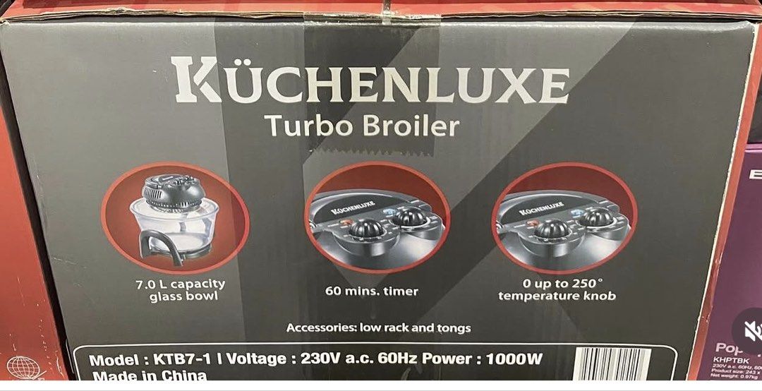 Kuchenluxe Turbo Broiler KTB7-1 (Category: Cookware & Accessories) located in Lipa City. Submitted by silentanalytic_008 (Listing ID 1448536530, Image 1). Description: - Kuchenluxe Turbo Broiler (Model: KTB7-1) - Generous 7.0 L glass bowl capacity - Convenient 60-minute timer - Adjustable temperature up to 250°C - Comes with a low rack and tongs - Powerful 1000W performance - Made in China.