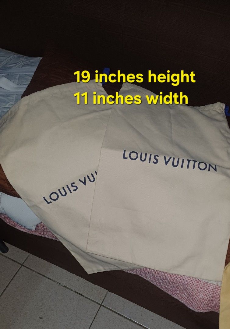 Louis Vuitton Dust Bag 19" x 11" (Category: Luxury Bags & Wallets) located in Rizal. Submitted by jekomy (Listing ID 1448510086, Image 1). Description: - Authentic Louis Vuitton dust bag - Dimensions: 19 inches (height) x 11 inches (width) price per piece 2pcs available - Ideal for protecting luxury handbags, shoes, and other valuables - Keeps items safe and dust-free during storage.