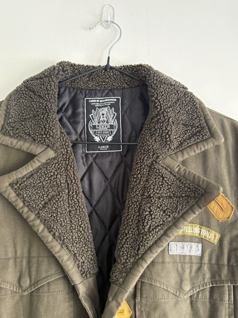 LUKER by NEIGHBORHOOD Jacket Large Olive Green (Category: Coats, Jackets and Outerwear) located in Taguig. Submitted by trashpalace_ (Listing ID 1448574359, Image 2). Description: - Olive green jacket from LUKER by NEIGHBORHOOD - Size: Large - Sherpa-lined collar still in good condition - Quilted interior lining - no damages, purchased in Japan .