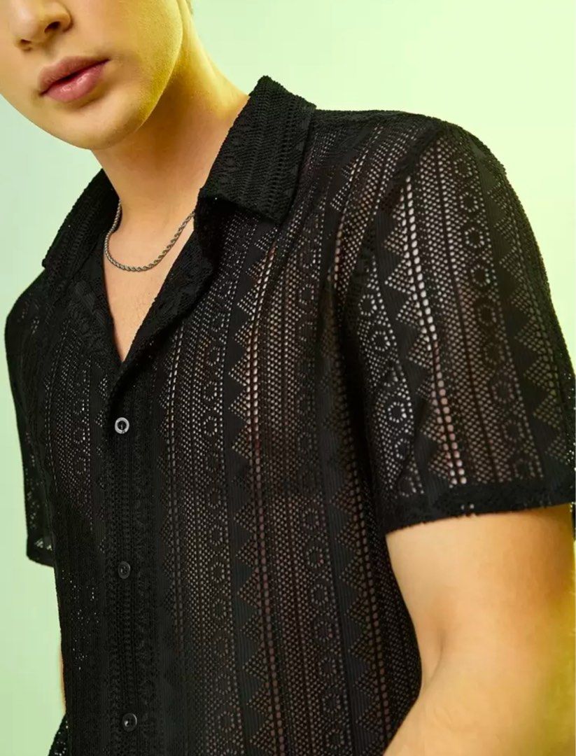 Men hollow out summer shirt (Category: Tshirts & Polo Shirts ) located in Rizal. Submitted by jaimsolshop (Listing ID 1448667756, Image 3). Description: - Cool black crochet shirt - Short sleeves - Button-up front - Unique all-over geometric pattern - Lightweight and breathable material - Versatile: great for layering or wearing solo - Perfect for beach vibes or a night out - Can fit Med to XL.