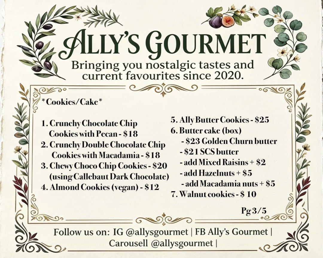 Menu (Category: Homemade Bakes) located in Singapore. Submitted by allysgourmet (Listing ID 1349758079, Image 3). Description: The full menu. .