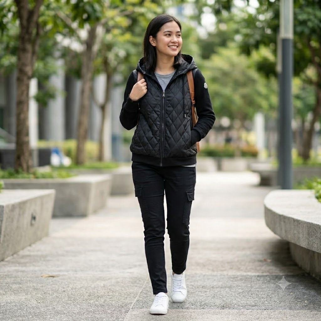 Moncler Quilted Hooded Jacket (Category: Coats, Jackets and Outerwear) located in Antipolo. Submitted by bentakahitanoano (Listing ID 1448648569, Image 2). Description: This garment is a Moncler Quilted Zip-Up Hoodie, a hybrid design that combines the comfort of leisurewear with technical outerwear elements Still in good condition Missing tags Best fit small medium Pit to pit 19 Length 23.