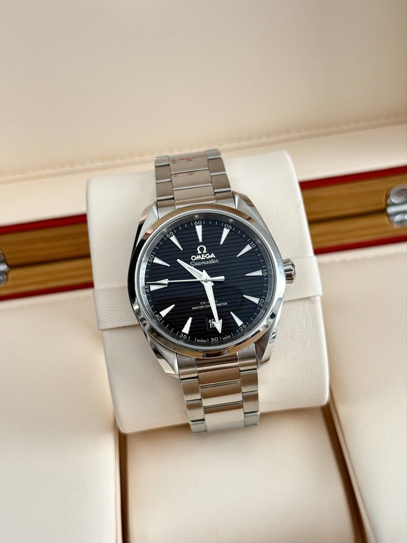 Omega Seamaster Aqua Terra 150m 38mm (Category: Luxury Watches) located in Antipolo. Submitted by authoritytimepieces (Listing ID 1448615792, Image 2). Description: Omega Seamaster Aqua Terra 150m 38mm The perfect sized Aqua Terra 🥂 299,000 Ref # 220.10.38.20.01.001 Year 2024 Under warranty until 2029 Complete full set, extra strap and official receipt from local AD Discontinued model Black “teak” dial 38 MM Automatic movement Co-axial Cal..8800