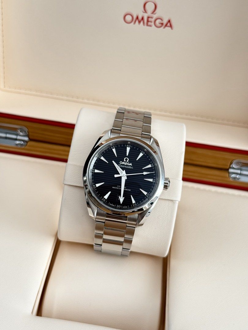 Omega Seamaster Aqua Terra 150m 38mm (Category: Luxury Watches) located in Antipolo. Submitted by authoritytimepieces (Listing ID 1448615792, Image 3). Description: Omega Seamaster Aqua Terra 150m 38mm The perfect sized Aqua Terra 🥂 299,000 Ref # 220.10.38.20.01.001 Year 2024 Under warranty until 2029 Complete full set, extra strap and official receipt from local AD Discontinued model Black “teak” dial 38 MM Automatic movement Co-axial Cal..8800
