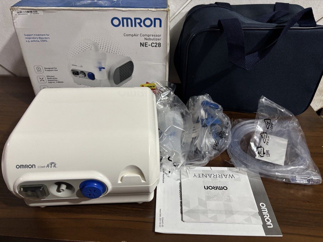 OMRON CompAir Compressor Nebulizer NE-C28 (Category: Medical Supplies & Tools) located in Manila. Submitted by rosel2001 (Listing ID 1448539436, Image 1). Description: - OMRON NE-C28 Compressor Nebulizer - Ideal for respiratory support - Comes with a convenient carrying bag - All accessories included: nebulizer, tubing, mask - Includes warranty manual - Ready for immediate use.