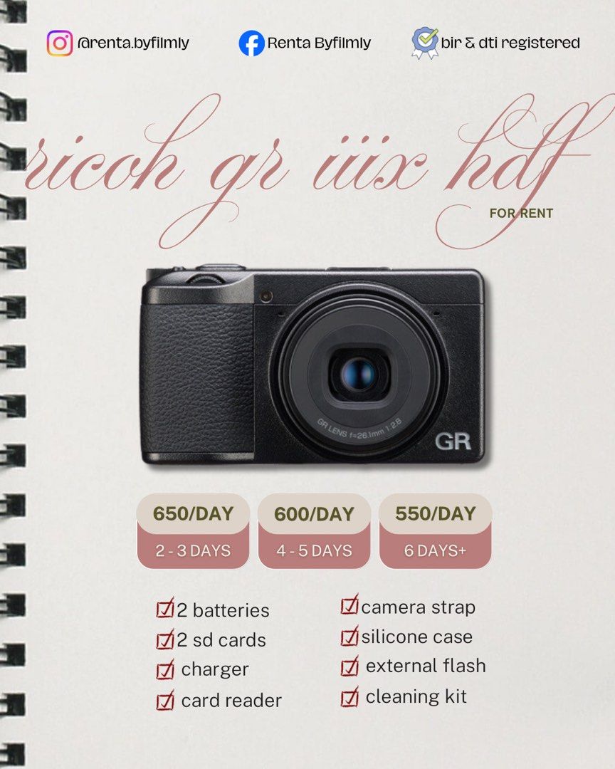 ricoh gr iiix hdf for rent (Category: Cameras) located in Pasig City. Submitted by byfilmly.ph (Listing ID 1448665633, Image 1). Description: 📍 malinao, pasig 📅 calendar basis rental not 24hrs 1-day rental: 7:00 am – 10:00 pm (same day) 2 days or more: pickup starts at 7:00 am, return before 10:00 pm on the last day early pickup available (+₱100), subject to availability ✔️ bir & dti registered 🚚 delivery or self pick up only ( no meet up).